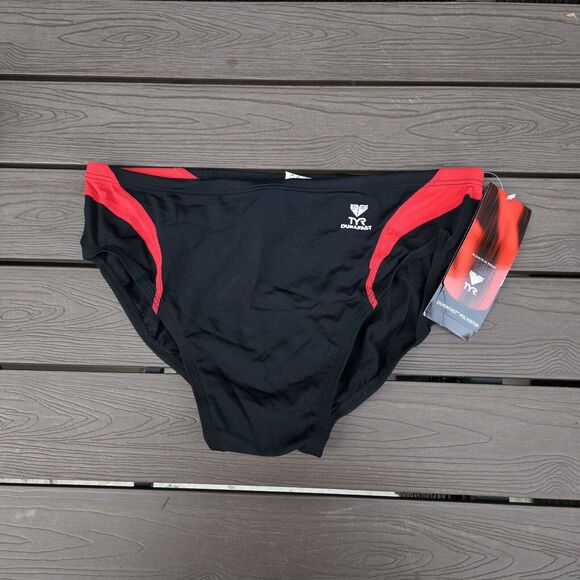 TYR Durafast Solid Black/red Splice Racer Briefs, Men Size 38, NEW - Picture 1 of 3
